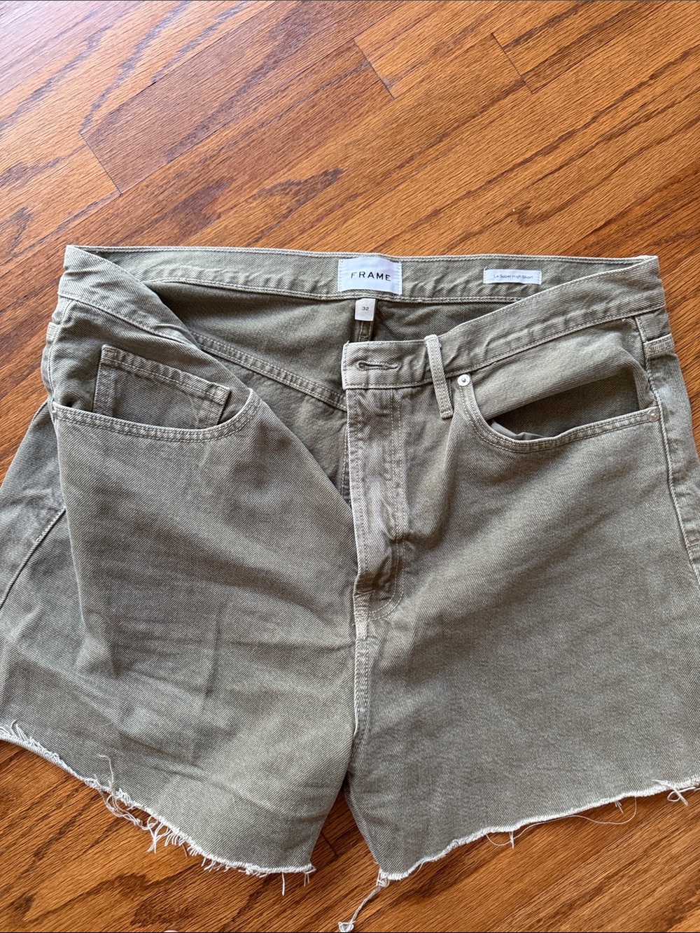 Frame Denim Olive Green High-Rise Cutoff Jean Shorts